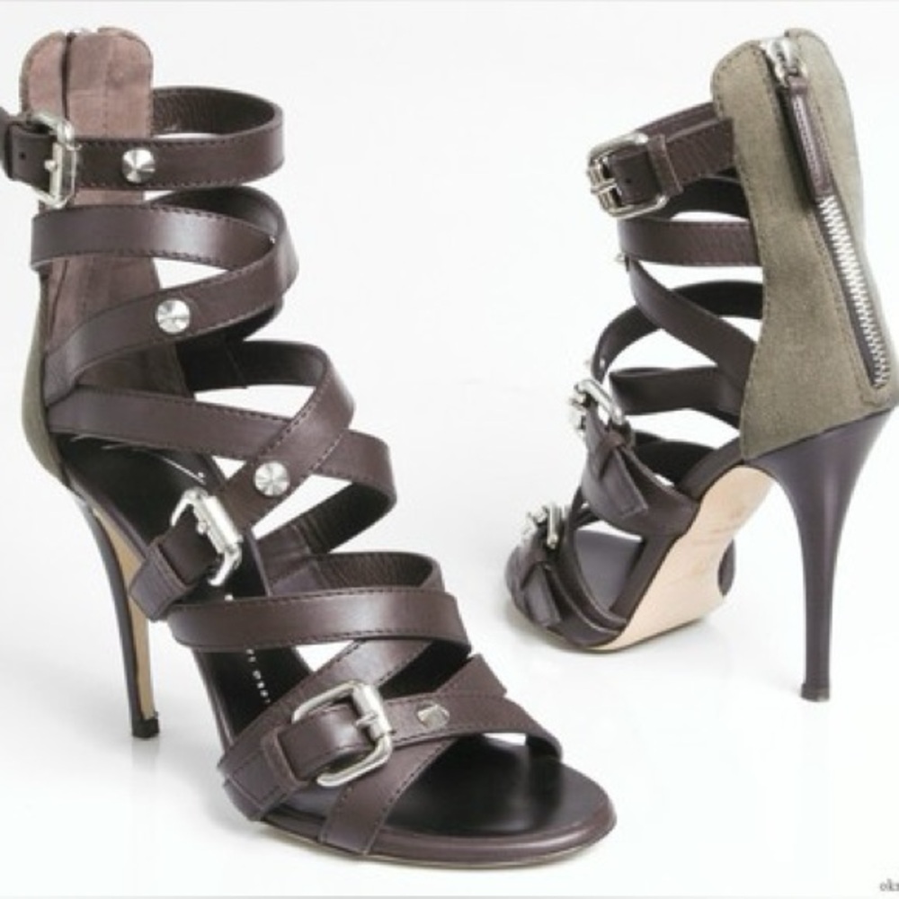 Giuseppe Zanotti Brown Leather and Khaki Canvas Stiletto Sandals - Picture 2 of 8
